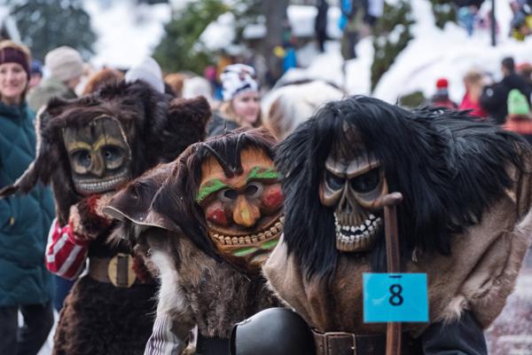 Tschäggättä Masks at a Snowy Alpine Carnival (Valais, Switzerland) Wiler (Lötschen), Switzerland