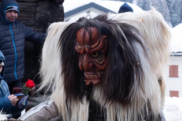 Tschäggättä Carnival Mask in a Snowy Swiss Village Wiler (Lötschen), Switzerland